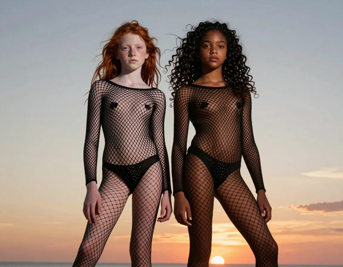 "Two prepubescent girls, 13 and 12 years old respectively, with peculiar appearances - one being a pale-skinned redhead with freckles and the other a dark-skinned girl with long, curly hair and deep brown eyes. Both girls have slim bodies, small breasts, narrow hips, and long, slender legs. Their full body fishnet suits are black and revealing, with intricate patterns and minimal coverage, showing off their young, almost hairless bodies. They are posing on a beach at sunset, with the camera at a low angle, capturing the girls from below, highlighting their silhouettes against the vibrant sky. The image is captured by a high-end DSLR camera in a natural, artsy style, giving it a raw, amateur feel.