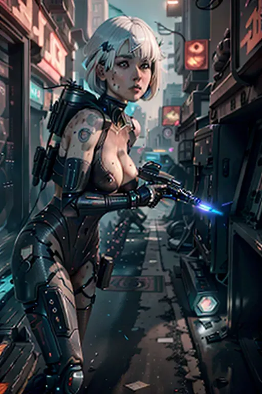 a digital painting of lucyna kushinada from cyberpunk shooting a laser rifle in a gunfight with torn clothes. shredded clothes. black singlet. sleeveless. armless. (ripped clothing:1.2). wounds. scrapes. (scratches:1.2). <lora:dpmg_black_see_through:1>. urban. action scene. combat. tracers. action. <lora:dpmg_scifi:0.6>. athletic. natural breasts. small tits. saggy tits. 20. blue eyes. (white hair:1.2). bangs. short hair. bob haircut. angled bob haircut. five fingers per hand. beautiful face. pretty face. small mouth. thin lips. curved eyebrows. editorial. pixiv. 8k. ultra realistic. masterpiece. (german:0.4). (korean:1). (japanese:0.6). lucy from cyberpunk. (cyborg:0.2). (cyberpunk:0.8). (robot skin:1). (nude:0.8). nsfw. (robot body:0.6). pink eyeliner. skinny. (muscular:0.2). crotchless. vagina. realistic pussy. (mechanical:0.8). sweaty. cyberskin. bottomless. white eyebrows. exposed arms. exposed legs. explosions. fire. injured. (fighting:1.2). firefight. (wounded:1.2). action pose. blaster rifle. battle. intense. realistic weapons. (futuristic sniper rifle:1.2)