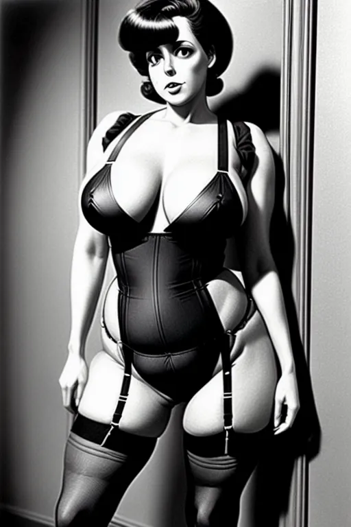 hyper realistic photo, woman, ralph Bakshi style, cleavage, massive thighs, stockings and suspenders, facing viewer, confident <lora:dpmg_add_detail:1>