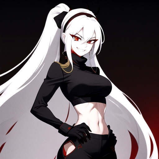 distant shot of a highly detailed slim woman with a sadistic smile, evil face, with dark white hair looking back with bandana, red eyes, black sweater, military pants, and tiny waist, in a bar background