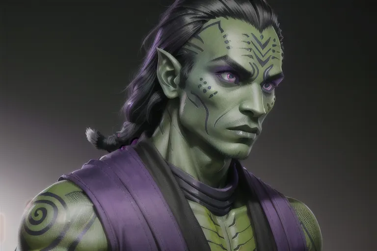 Mirialan, male, (((green skin))), black tribal tattoos, long black hair, purple eyes, cheerful, gray shirt, gray pants, futuristic clothing, alien, sfw, headshot, masterpiece, absurdres, ((((solo focus)))), 8k, perfect edges, ultra realistic, perfect anatomy, low light, perfect face, fine details, realistic shaded, photoshoot, male