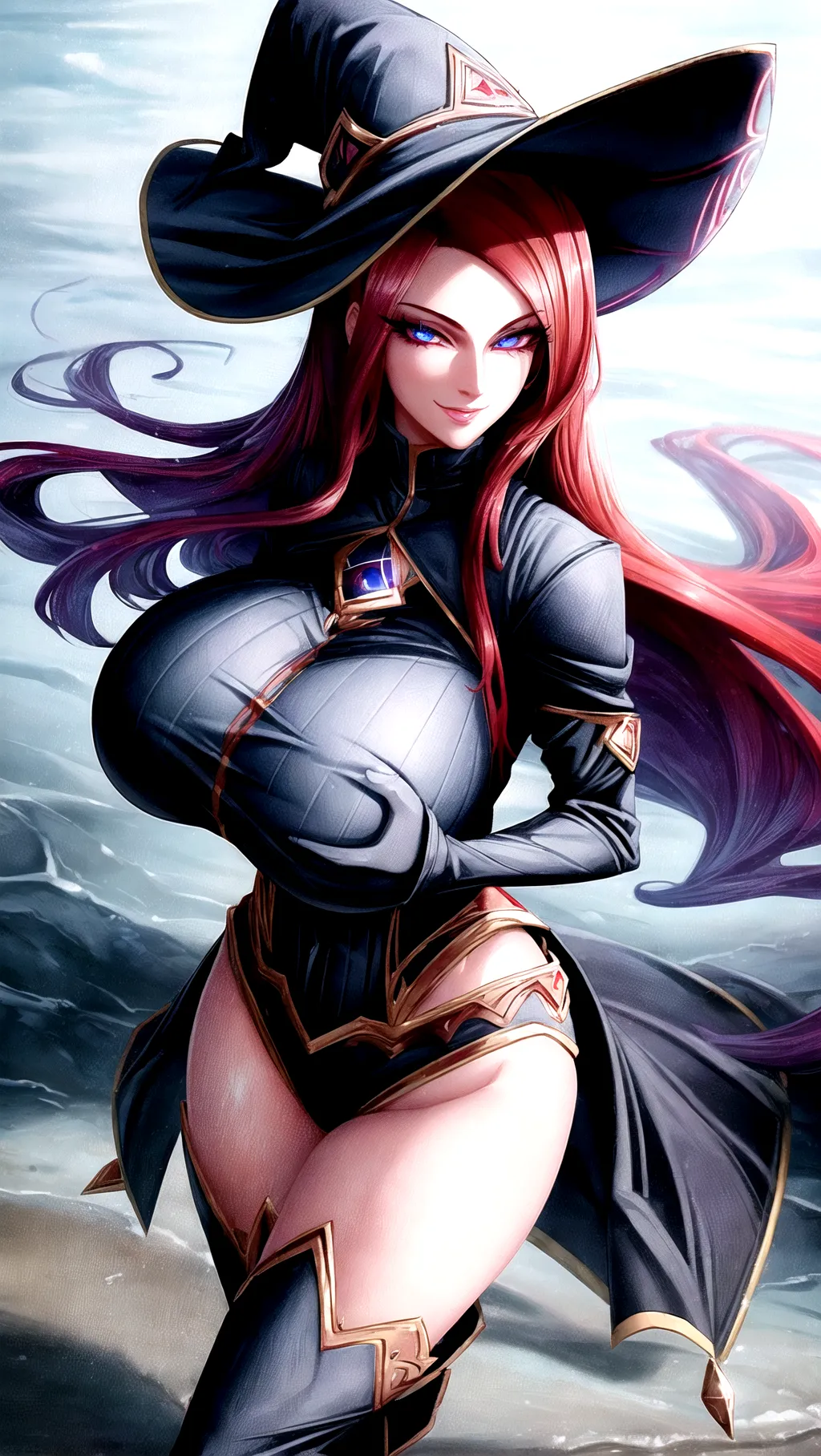 Hyper resolution, extreme details, 8K resolution, masterpiece, very high quality, ray tracing, perfect lighting, perfect shadows, solo, female focus, ((face focus)),
A sexy witch with massive boobs and perfect red hair, big boobs, huge boobs, huge tits, wide hips, skinny waist, long legs, naughty face, modest clothing, naughty, naughty smile, long eyelashes, perfect face, perfect eyes, extreme eye details, detailed eyes, extreme face details, bright glowing eyes, ((glowing eyes)), magic eyes, symmetrical eyes, <lora:dpmg_add_detail:1>,