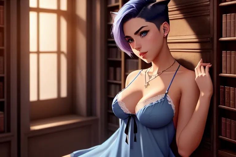 a concept art of,a cat girl,wearing nightie,leaning against the wall,at the library,natural breasts,five fingers per hand,undercut hair,beautiful face,beautiful lips,blue eyes,curved eyebrows,peaceful,wearing necklace,highly detailed,cgsociety,artstation,pixiv,cinematic lighting