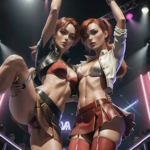 pornstar Vicca has short red straight hair, very beautful eyes, high cheekbones in a very beautiful face, small breasts with very erect nipples, Olivia Wilde is a beutiful blonde with her hair in a ponytail
Vicca is passionately kissing Olvia Wilde on a dance floor in a night club, both women are wearing sexy cloths (short tight skirt and jacket, bra, stockings, high heels), kissing, touching hip hair and breasts, partly naked (breasts visible, niplsio), sexy dancing women in the background, seen from below
Vicca is holding onto a vertical stripper pole raising one leg high in the air in a split, Olivia Wild is standing beside Vissa holding her raised leg, Vicca is not wearing panties and pussy lips are visible (red pubic hair), Vicca has short and straight red hair
ultra realistic graphics, High definition, excellent lighting, best quality, high resolution, photorealistic, masterpiece, ultra realistic graphics, 16k, improved graphics