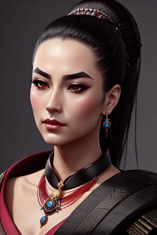 a digital art of,an empress,wearing samurai clothes,walking,five fingers per hand,ponytail,beautiful face,beautiful lips,black eyes,curved eyebrows,smooth skin,satisfaction,wearing necklace,surreal,sharp focus,artstation,cgsociety,ultra realistic
