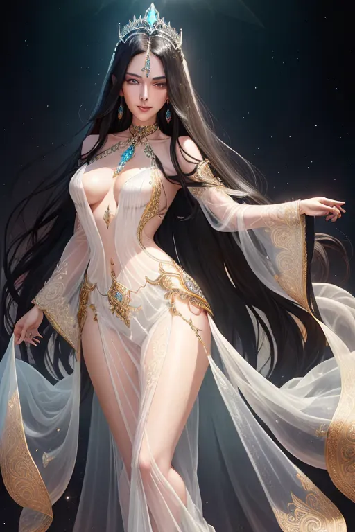 Graceful and slender body, Eyes that shimmer like deep pools of uncertainty, Long flowing raven-black hair, Porcelain-pale skin that contrasts with her dark hair, Full and luscious lips with a natural flush, Radiant smile with a perfect balance of warmth and mischief, Captivating hips, alluring sides, and shapely waist, Enchanting gaze revealing boundless compassion and unwavering faith, Mesmerizing beauty that seems to radiate from within, Form-fitting gown made from shimmering transparent otherworldly fabric, Intricate patterns and symbols on the dress reflecting dimensions and forces, Ornate choker-style necklace with an enigmatic sigil pendant, Elaborate arm cuffs adorned with arcane markings,Knee-high, intricately designed boots blending modern style with surreal elements,Transparent diaphanous gown with iridescent patterns, Celestial belt adorned with stardust-like gemstones, Shimmering bracelets, Intricate tiara adorned with luminescent gemstones