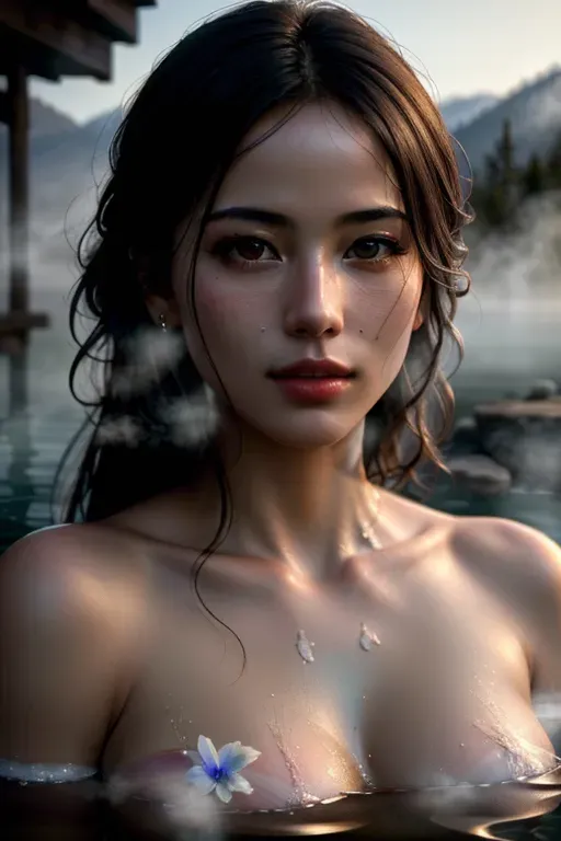 long shot, (RAW photo:1.2), (photorealistic:1.4),(masterpiece:1.4),(best quality:1.4),ultra high res,((detailed facial features)),HDR,8k resolution, a beautiful woman in a foggy hot spring, erotic,