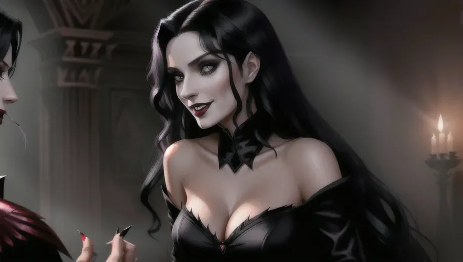 two figures in a dark and foggy goth club, an evil sexy sensual slightly taller dominant female black straight haired vampire woman with a wide toothy predatory smile, taking face of her victim in her hands gazing dominantly into her eyes hypnotizing innocent, light reddish-auburn gentle wavy hair, good girl mid-twenties Anna of Arendelle in a modest soft green gown.