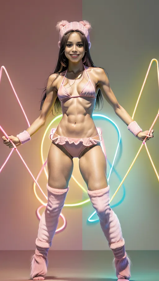 (((thick thighs))), ((detailed facial features)), ((8k resolution photo)), naked, ((see full body)), wide body, thin body, small breasts, ((slim)), slender, tan white skin tone, thick legs, ((orgasm)), ((18 years old)), (((bikini))), (((fuzzy pink leg warmers))), ((dancing holding glowsticks))