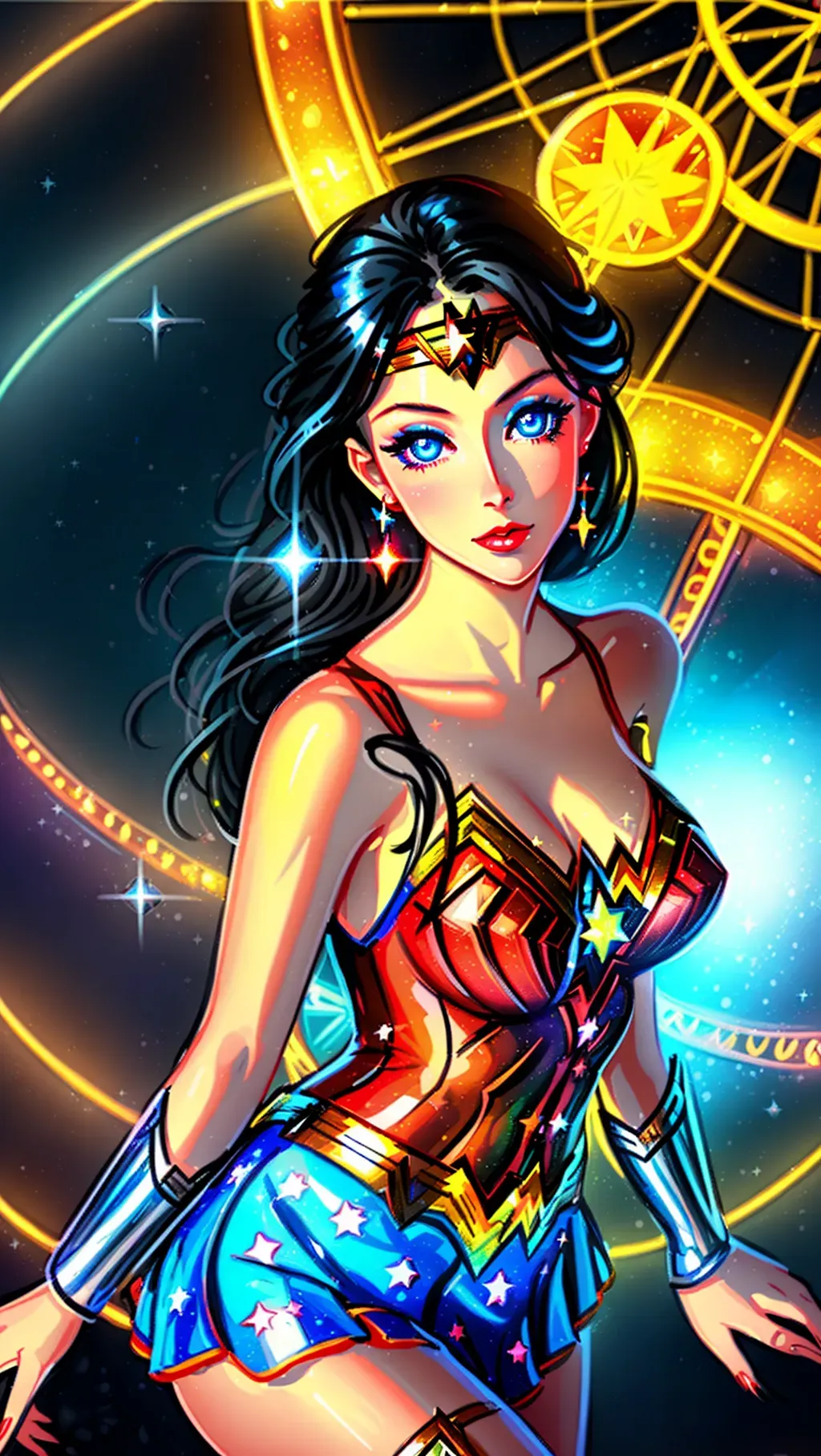 A digital painting of Wonder Woman high res crisp detail beautiful sparkling eyes, soft chin, round breasts, lynda carter, the background is a carnival with ferris wheel in distance, stars on skirt, detailed fingers, flowing black hair, realistic hands, kissing lips, soft eyes, soft eyebrows, shy