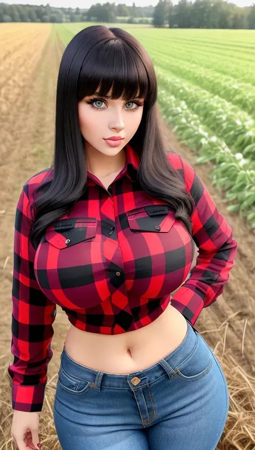 Gorgeous young Eastern European woman, photo cute attractive young face, big wide doe eyes, light colored eyes, big bimbo lips, huge gigantic boobs, (gigantic tits), raven-black hair, bangs, sexy, slim waist, thin, farm outfit, red flannel plaid shirt, photorealistic, best quality, ultra high resolution