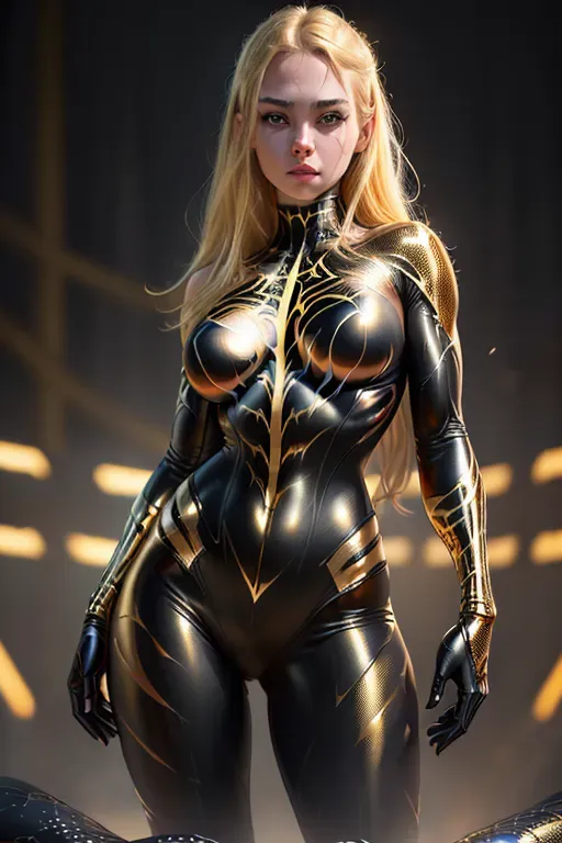 masterpiece, best quality, (realistic, photo-realistic:1.37), ultra detailed, ultra detailed, solo, 1girl, (remove hand:1.4), looking backwards, (looking at viewer), ((female)) ((venom superhero)), Black Spider-Woman, Black nylon clothing. ((((Golden blond hire)))), redid eyes