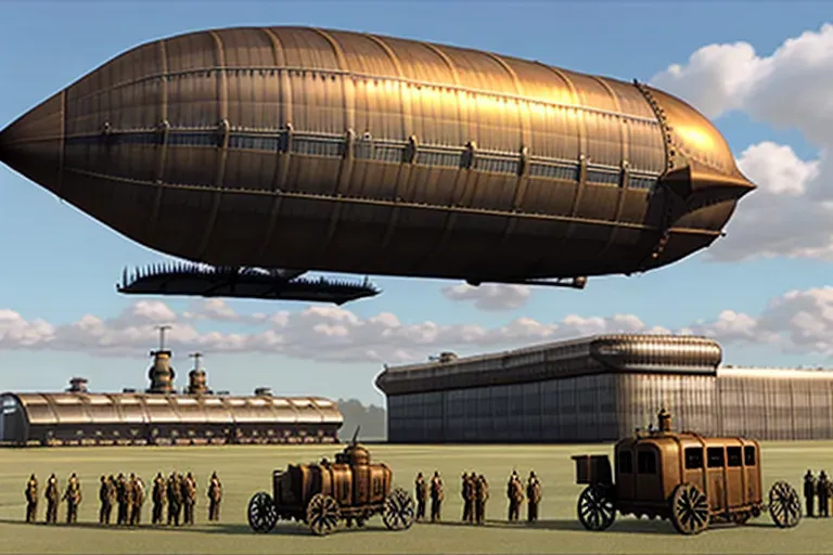 Steampunk airships on an airfield, steampunk robots, steampunk buildings in the background