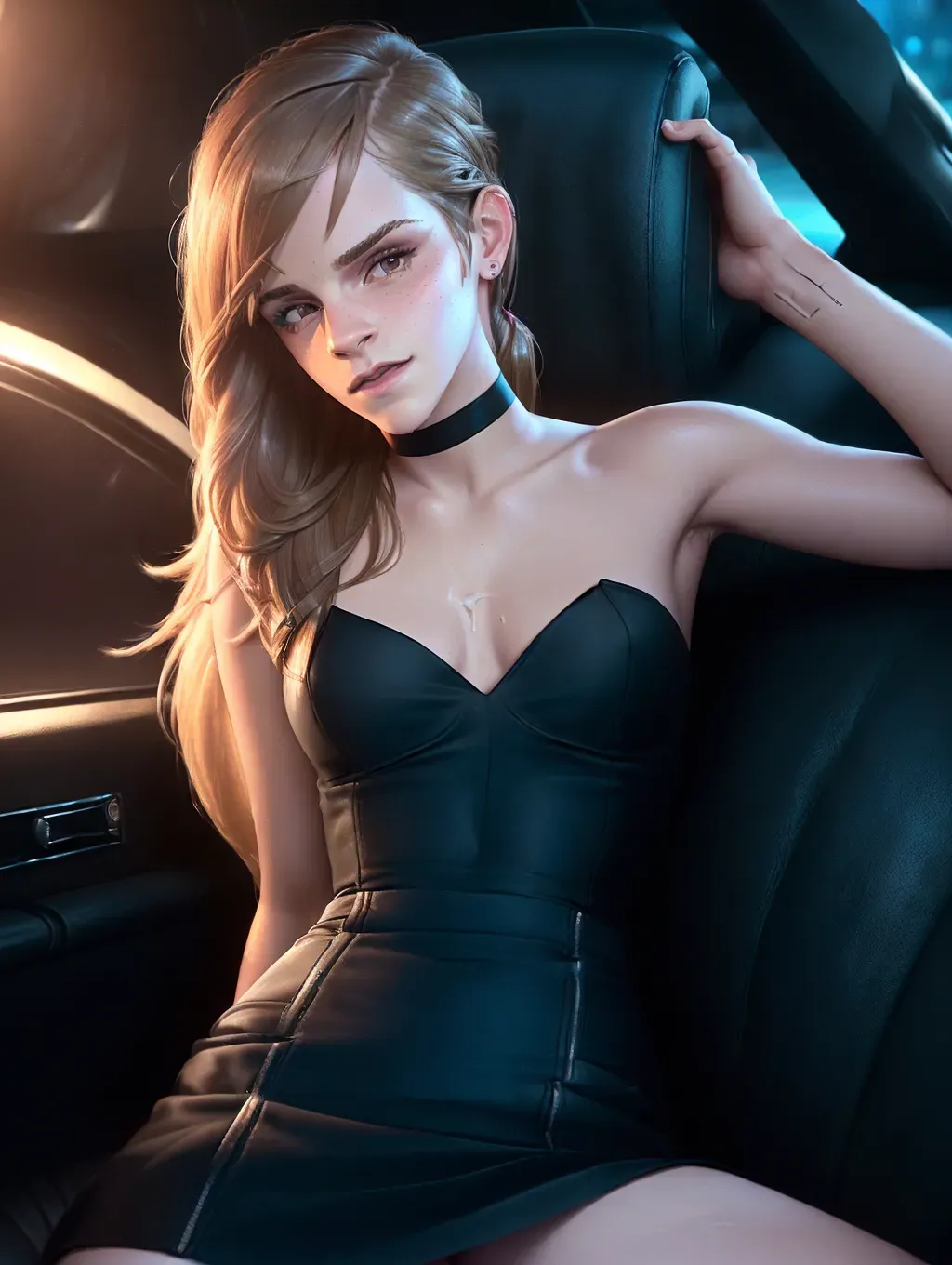 Dopamine Girl - realistic 8k HD photograph, ((((Emma Watson))))(((accurate  face))),(((getting out of the back seat of a limousine while  sitting)))(((outside a nightclub at midnight))),((smirking lusty  expression))(((wearing bodycon minidress ...