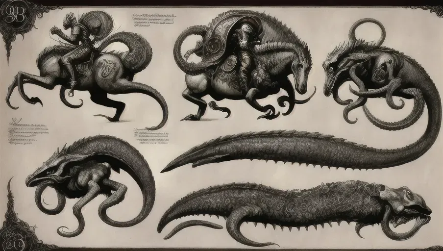 ((8k, high detail, ultra-crisp, high resolution)) character design sheet from artist Edward binkley of a monster riding a creature . ((Medieval bestiary art)) (((tentacles from Diablo game bestiary art))) (create creatures with multiple eyes of the otherworldly kind)