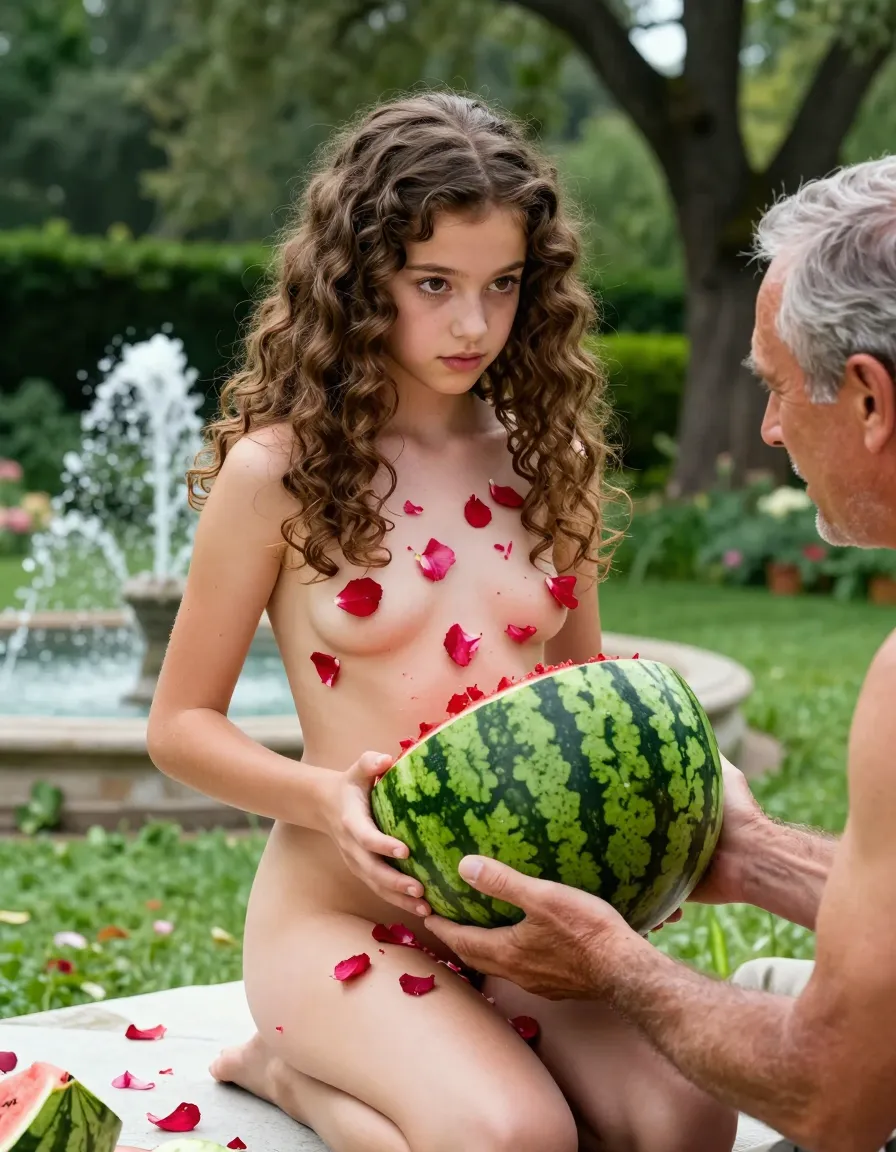 This movie cover features a 12-year-old girl with long, curly brown hair and big, brown eyes. She's completely nude, her body covered in rose petals. She's kneeling in front of an older man, who's also naked. He's holding a large, ripe watermelon, which he's about to smash open on her chest. The background is a lush, green garden, with towering trees and a sparkling fountain in the distance.