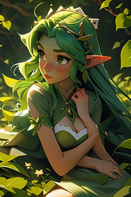 A detailed 8k photo of a skinny girl with long and very pointy elven ears. Her clothes are made of leaves and vines and are revealing breast and vagina. The girl is excited to see the viewer. The girl is laying on face up in a grassy woodland clearly and spreading her legs. The girl is trying to coerce the viewer for sex. Her pubic hair looks like grass. She is wearing a crown of flowers. The girl has grass green hair.