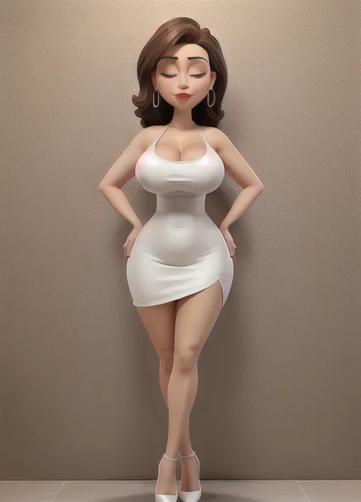 Front view, full body,nude Sexy middle aged woman, mid length dark brown hair, big tits, big nipples, big areola, head bent forward looking down, eyes closed, lips puckered for kiss, sexy facial expression, wearing sexy white dress, slutty, red lipstick, small hoop earrings, white dress with side slit, showing cleavage,slit up side of dress