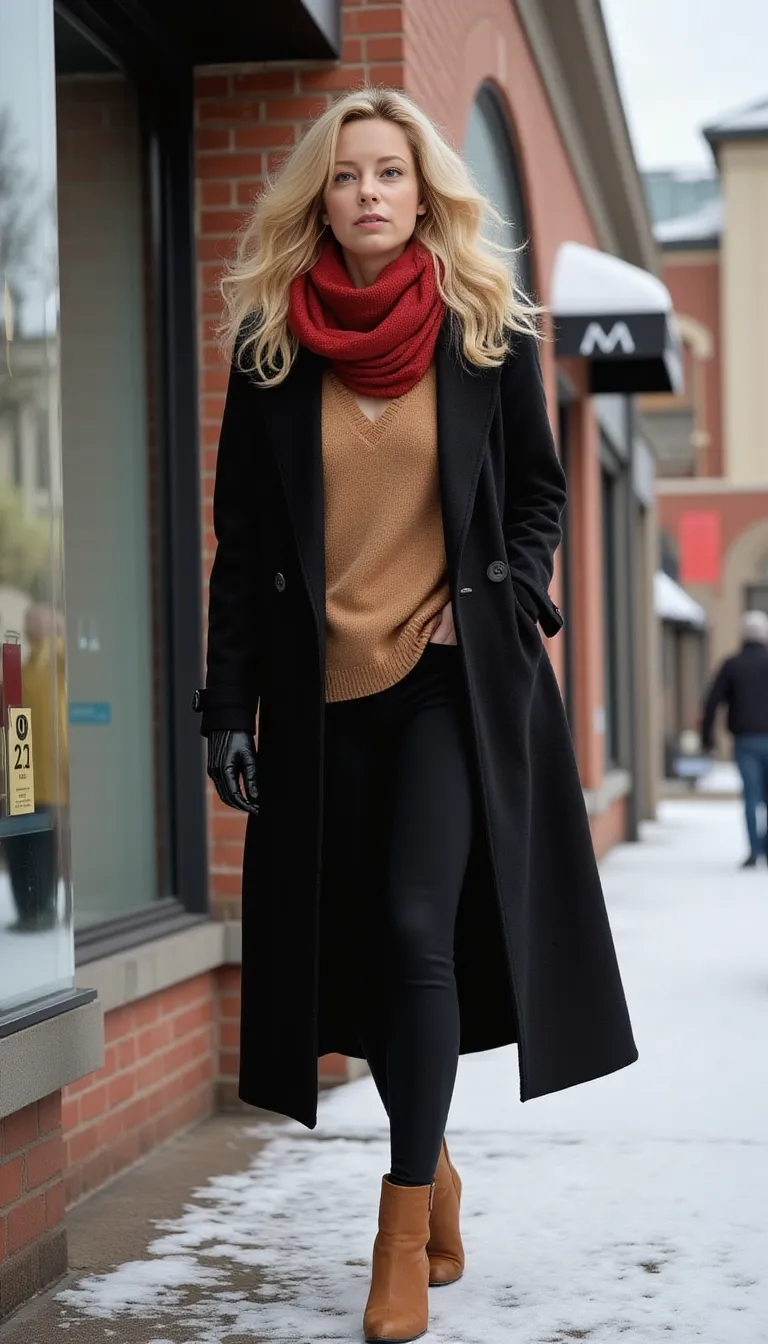 48 year old, long wavy messy hair, realistic woman, realism, hyper-realistic,
wavy blonde hair, hair styled with a blow dryer, feminine figure with hips,
medium droopy tits, cleavage, wearing a tan cashmere cowl neck sweater and black leggings, Long black wool overcoat, red scarf around neck, long legs, full body view, feminine legs, tan high heel ankle boots, Standing outside of the Macys entrance to the Valley River shopping Mall in Eugene Oregon, light snow on the ground, cloudy day,