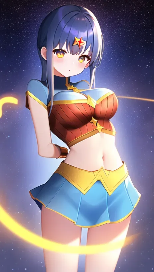 shy innocent woman in tight Wonder Woman costume with blue skirt, thin waist, large round breasts, clevage behind Golden W on Chest, detailed wonder woman costume, background with stars and planets in space, cosmic background, scared girl