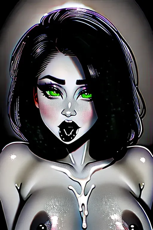 Hi-resolution, semen, cum, bukkake, embarrassment, open mouth, short black hair, green eyes, small breasts, black lipstick, naked, nude, slut, slutty, goth, emo, detailed eyes, detailed mouth, dpmg_awaitingtongue_v1, dpmg_face_cum_v1, thin, slave, drenched in cum