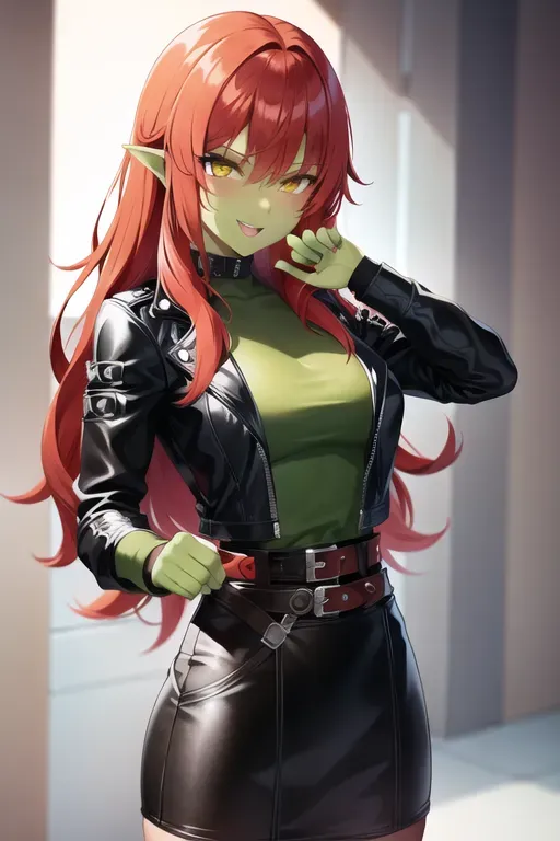 1girl, solo, orc girl with green skin, green skin, red hair, orc, leather armor, black skirt, red hair, leather shirt, leather sleeves, fully clothed,
