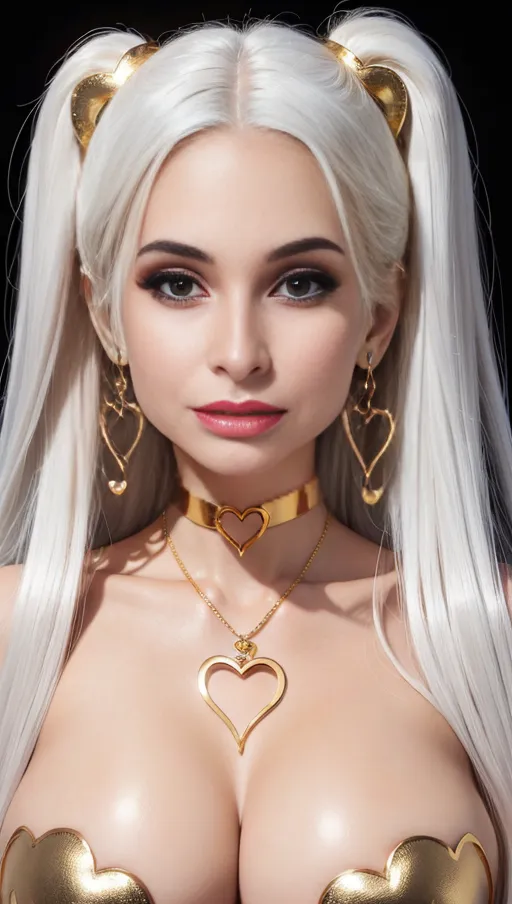 best quality, (((ultra high res))), (detailed face and eyes), hearts, perfect face, big choker, golden earrings, jewelry, ((eyes closeup)), glowing heart, golden heart necklace, big heart pasties, latex neck, white hair, covered by gold, golden skin