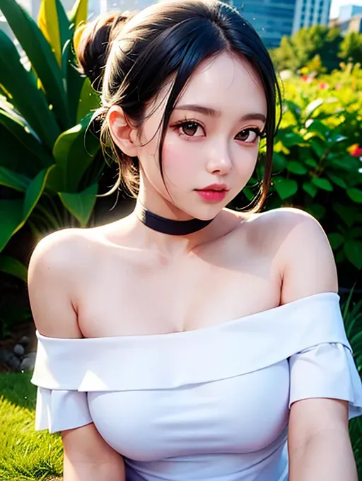best quality, ultra high res, (photorealistic:1.4), 1girl, off-shoulder white shirt, black tight skirt, black choker, (messy bun:1), looking at viewer, closeup <lora:dpmg_korean_doll:0.66>, small breasts,
