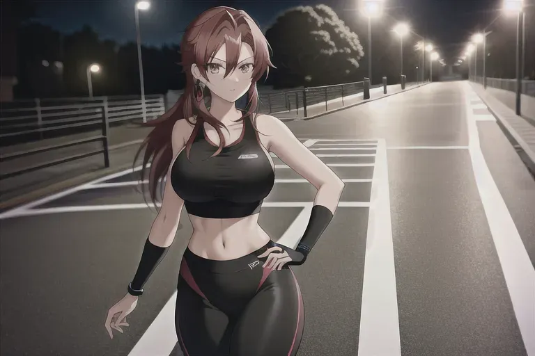 photograph, 20 year old, an anime girl, athletic, gym outfit, black, street, night, natural light, serious, 8k, professional