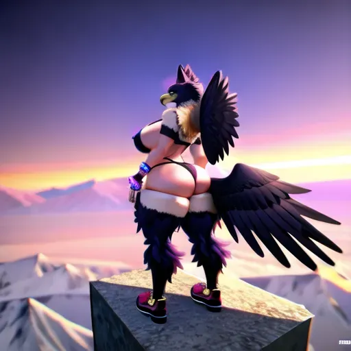 A 8k Drawing of big breasted, eagle,wolf hybrid, wearing a pink thong, showing off her big booty, furry character, full body art, 8k hyper detailed character, female fursona, deep purple feathers, beautiful 8k mom bod, main character, fursona, character reference, furry character, character reference sheet, full character body, fursona art, anthropomorphic eagle,wolf female, generic furry style, anthropomorphic eagle,wolf female, beautifully purple wings, mountain back ground, furry concept art, 8k resolution, 3Dshading, volumetric lighting