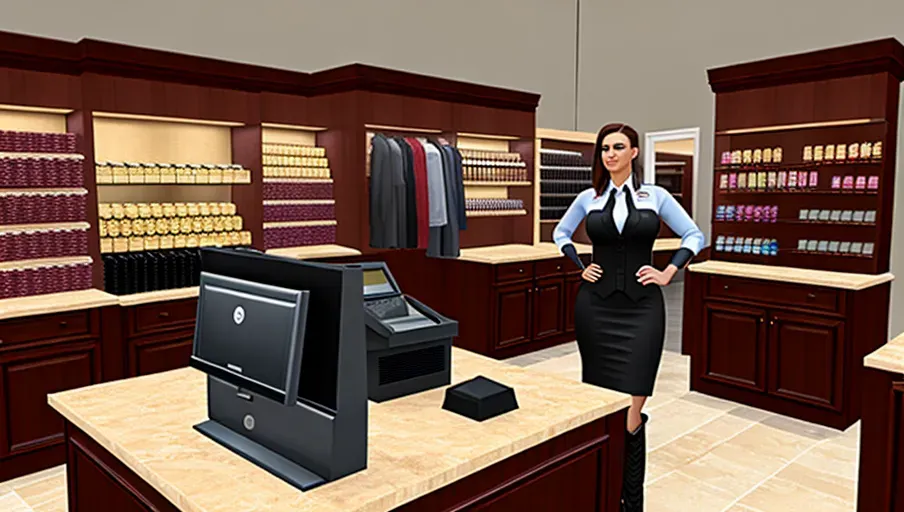 a woman in high boots is standing next to the cash register,add more details and pay attention to detailing the body. ultra resolution