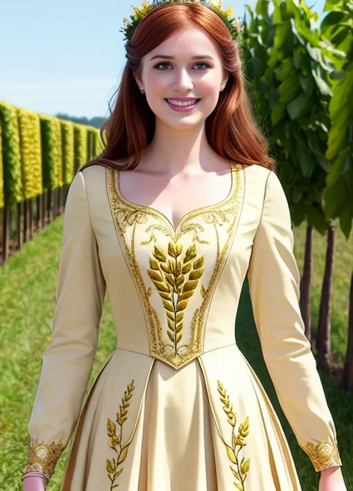 Exploring the wonders of the Harvest Festival, Adult beautiful joyful sweet Anna of Arendelle portrayed by Elizabeth Lail with a warm smile, very big soft sapphire eyes, her auburn hair in a low hanging bun in back and single braid on the front top with golden wheat stalk combs slid into the sides, dressed in a cream colored dress with gold and purple embroidery and a light tan jacket. Photorealistic.