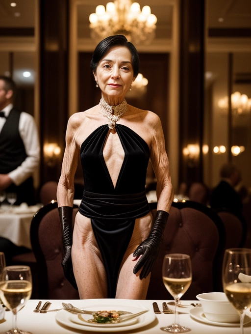 From behind an elegant mature lady is naked as she wears her formal gloves and loincloth out to dinner in a crowded fancy restaurant
