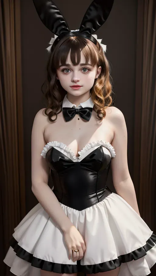 8k High resolution photoreal colored photography of joey king, as a playboy bunny,
Natural skin, natural hair,
High Definition skin, high definition hair,
Wearing black strapless body, wearing white rabbit tail,wearing a black bow tie, looking in the camera,