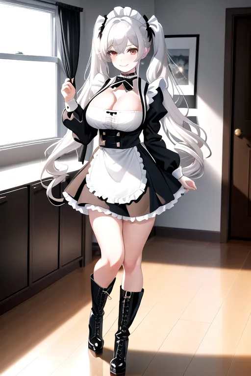 miniskirt, black maid uniform, white hair, choker, brown eyes, pale skin, giant breasts, boots, cleavage, high heels, looking at viewer, walking across room, living room, 1girl, smiling, wavy hair, 8K, Full body photo, slim body, pigtails