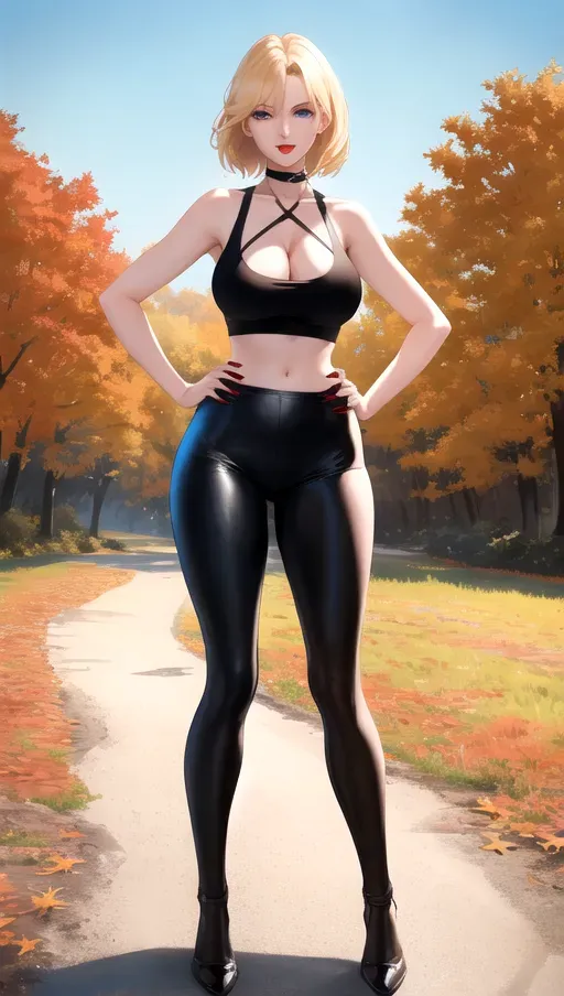 8k high detail, masterpiece, ultra realistic, outdoors, riverside, autumn, sunny, full body photo of, 1 girl, tall slim figure, long slender legs, beautiful face, short blonde hair, cleavage, large detailed deep-blue eyes, bright red lipstick, beautiful lips, cropped black tank top, black leggings, red thong straps showing, standing, hand on hip