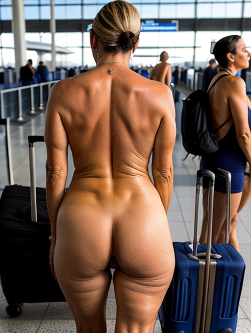 a naked middle aged lady casually shows off her dirty asshole while waiting in line at an airport