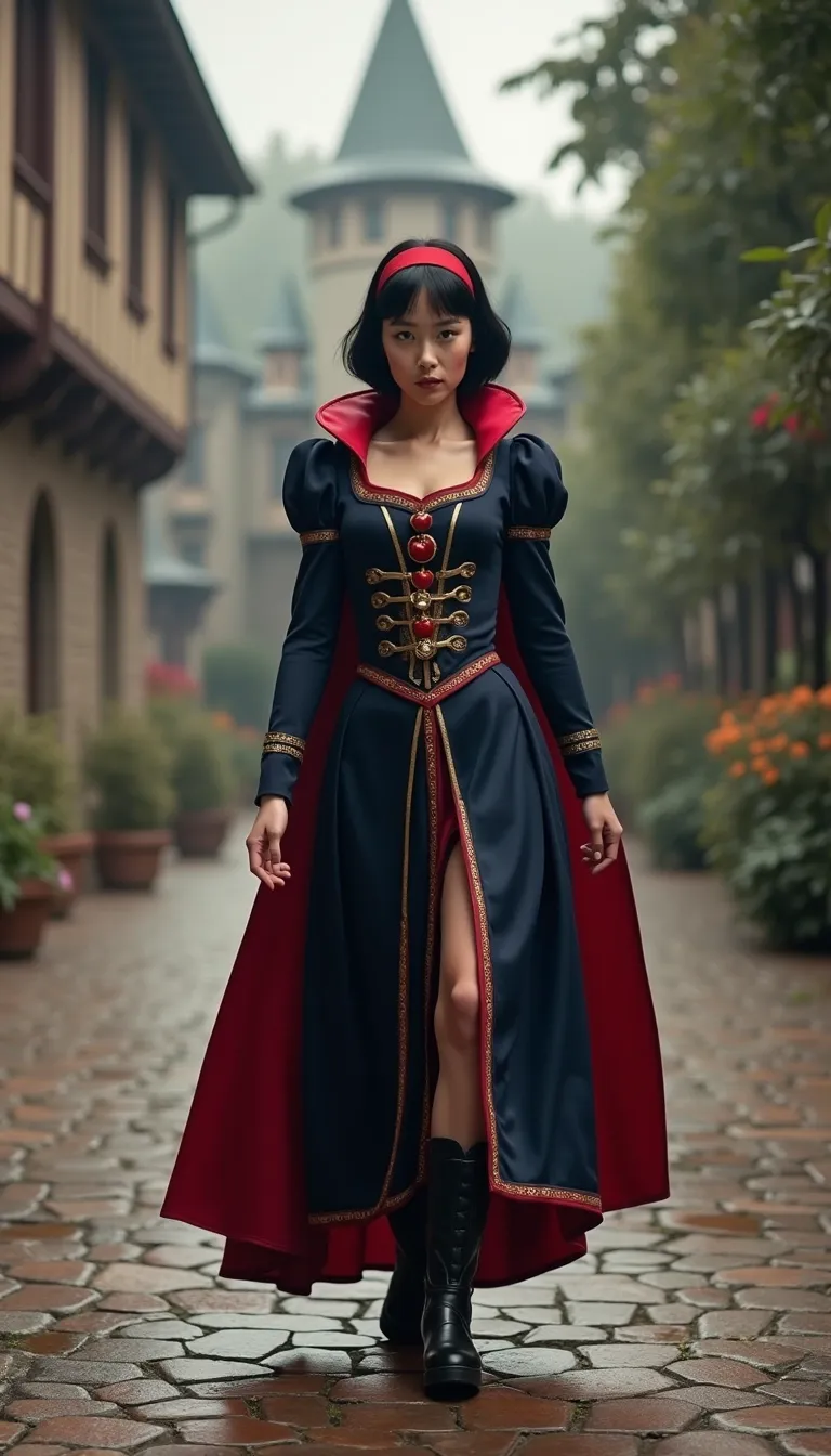Snow White, gracefully walking across an enchanted royal courtyard, traditional Germanic navy blue and red military uniform with gold accents, apple insignia, polished black boots, dark bobbed hair with red headband, pure and strong expression, full-body view, fairytale castle and forest background, cinematic soft lighting