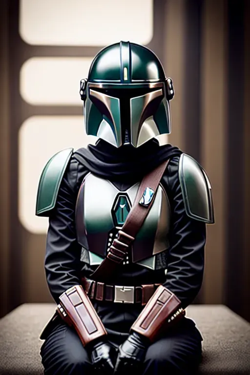 a professional photo of, ((mandalorian woman)), ((in black military dress uniform)), sitting portrait, hyper realistic, professional lighting, (tiny realistic eyes), no medals