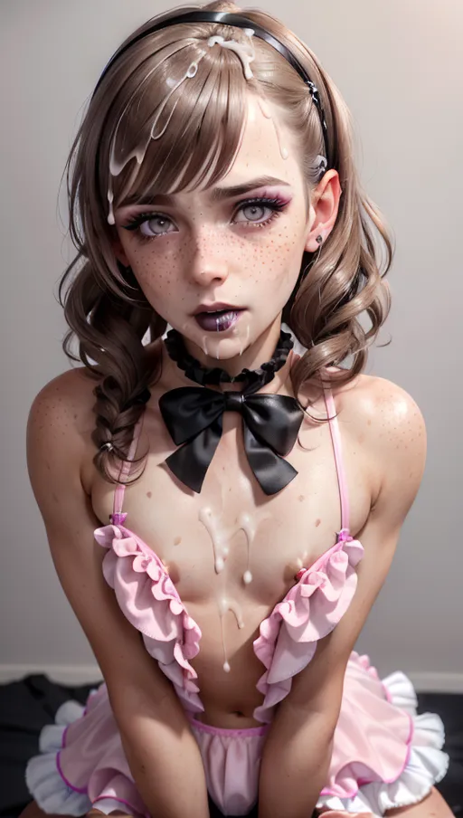 photorealistic, 8k, accurate face, (((detailed face))), (((replicate inspiration face))), freckles, black lipstick, grey eyes, brown hair, (((male body))), female face, sissy, humiliated, pink frilly outfit, covered in cum,