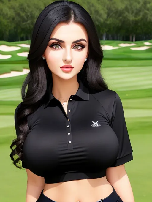 Gorgeous young Albanian woman, photo cute attractive young face, large wide doe eyes, light colored eyes, big plump lips, huge gigantic boobs, (gigantic tits), raven-black hair, sexy, thin, slim waist, golf outfit, tight polo shirt, photorealistic, best quality, ultra high resolution