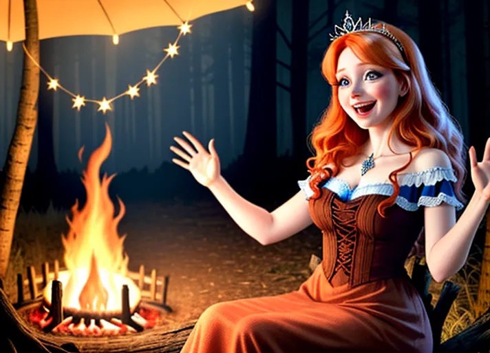 close up of Beautiful sweet fun loving auburn haired Queen Anna of Arendelle with a crazed maniacal grin and hands stretched out claw-like sits on a log leaning in telling terrifying spooky stories to the youth of Arnedelle around the campfire, the only source of light, deep in the woods on a dark crisp autumn night on Friday the 13th. photorealistic.
