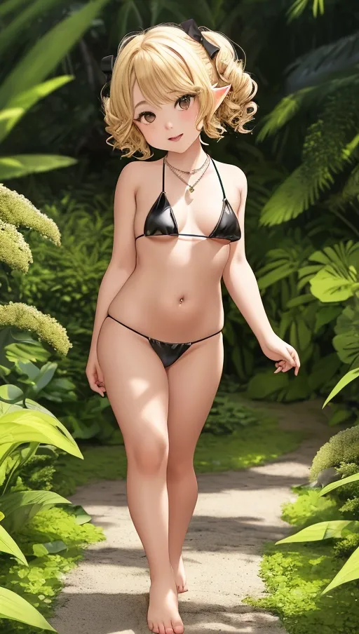 A young short loli halfling elf, wearing a skimpy and revealing black shiny bikini, perfect perky breasts, brazilian butt lift, curvy short and thick thighs, navel, pierced bellybutton with a jewel, curly neat blonde hair tied up, dainty small bare feet, cute necklace, walking in the overgrown garden