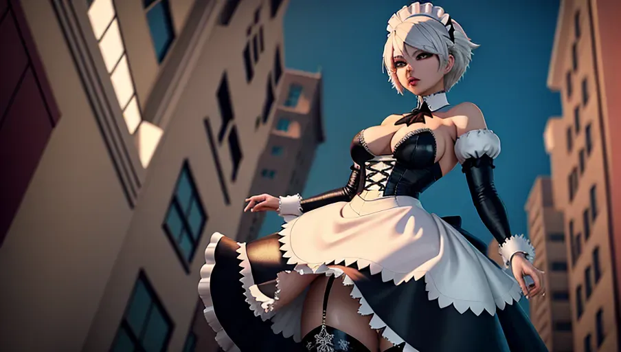 2b, maid outfit, ruined city