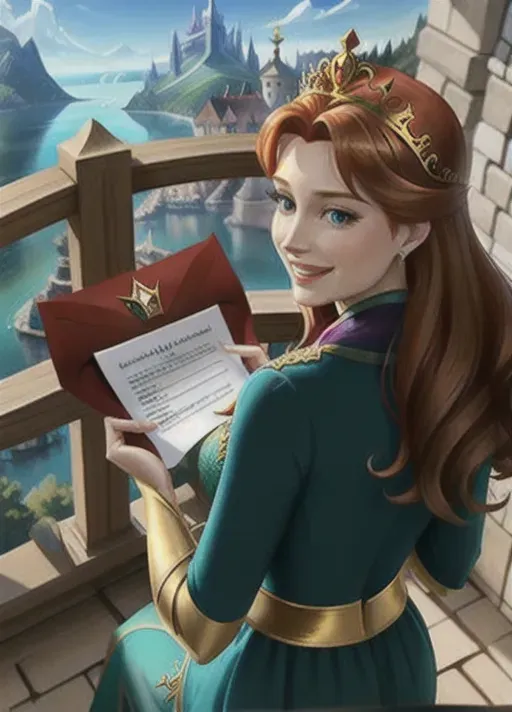 Her back to the viewer, beautiful auburn hair in a low bun crowned with a gold tiara beset with emeralds with sapphire eyes Queen Anna of Arendelle dressed in various shades of teal and green velvet stands in the warm sunshine smiling as a servant hands her from behind a black envelope sealed in red wax while gazing out from her castle balcony over the bright cheery capital city of Arendelle.
