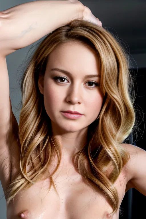 Professional photographer closeup full color photograph of a gorgeous (Brie Larson), nude, beautiful eyes, sensual lips, (climaxing expression),(orgasming expression),((expression of intense sexual pleasure)),(smiling), ((closeup pov left earlobe)), full makeup, opulent jewelry, small natural breasts, realistic hair texture, realistic skin texture, realistic skin tones, realistic skin color, realistic fading tan lines <lora:dpmg_pov_from_below:1> <lora:dpmg_add_detail:1>