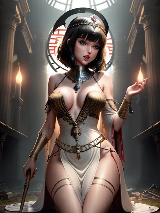 realistic HD photograph of, (((taylor swift)))((accurate face)), (((As a evil pagan priestess goddess)))((in an abandoned pagan temple))((wearing a split side scale print dress))(((wearing Bedlah))), very sexy pose,(((perky breasts))), (((mischievous facial expression))),(((short blunt bangs haircut)))(((black hair))), beautiful face, beautiful lips,detailed large eyes,curved eyebrows,cgsociety,cinematic lighting,studio lighting,professional,editorial,