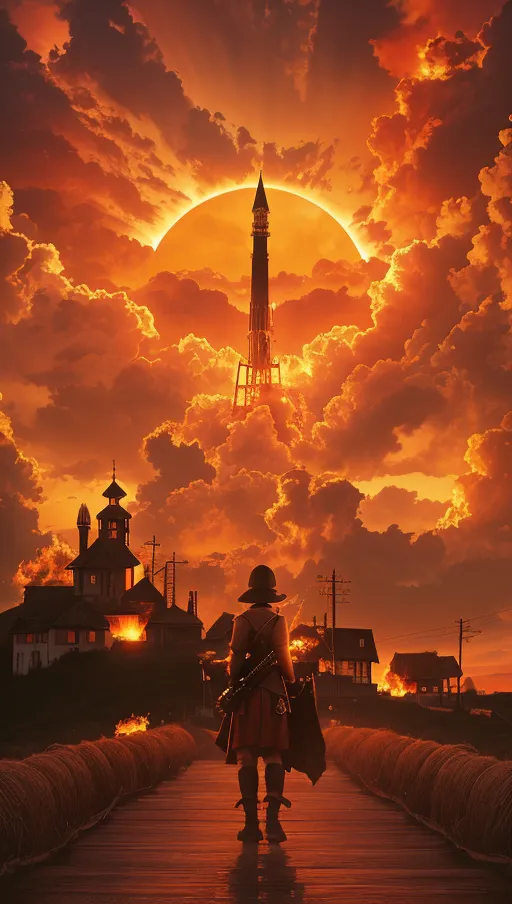 Sunset sky,
Burning sky,
Fiery sky,
The sunset is sprouting solar flare tentacles burning the dusk sky and the village beneath it