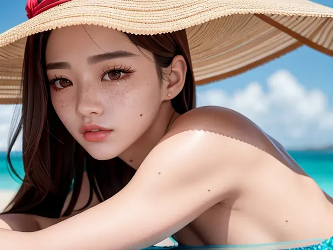 a highly detailed photo of, dpmg_asian_aesthetic_v1, best quality, ultra-hd, 8k resolution, 18 years old, light skin, beautiful face, perfect body, big rounded eyes, beautiful red lips, inocent face, highly detailed face, curved eyebrows, inocent face, correct anatomy, 8k, insanely beautiful, ultrarealistic, five fingers per hand, non nunde, freckles, ((detailed hair features)),((detailed facial features)),((detailed body features)),((detailed arms features)),(textured skin),((beautiful lips)),((highly detailed)),((8k resolution photo shot)), full body, full body, wide shot, at a boat, sailling, day time, micro bikini, g-string, transparent dress, big beach hat, sexy pose, sunglasses, taking a sunbath, laying down on a chair, tan lines