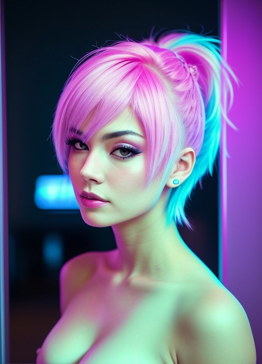 A professional photo of Lucy from cyberpunk edgderunners 25 years old, European and Japanese descent, cute but angry and pouting expression, in a hotel roomwith giant windows outside is a futuristic cyberpunk city, night time, astonishing woman, short pure white hair with one pink strand, bob haircut, wearing a full cyberpunk outfit made only from cotton fabric, fully clothed,warm cinematic lighting, neon lights, neon glow, purple lights, masterwork, best quality, volumetric lighting, depth of field Imperfect skin, Feminine, Real looking face, highly detailed face,photorealistic, hyperrealistic, low light,covered breasts, (best quality),(Small breasts), <lora:dpmg_add_detail:0.5>, beautiful,(high resolution), (((masterpiece))), (uhd), (8k)